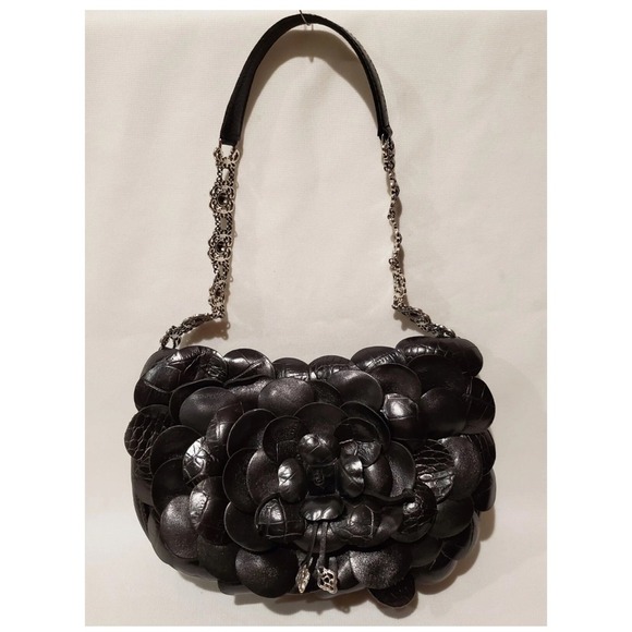 Brighton Black Floral Leather Applique Shoulder Bag Silver Chain Heart Charm - Picture 1 of 13
